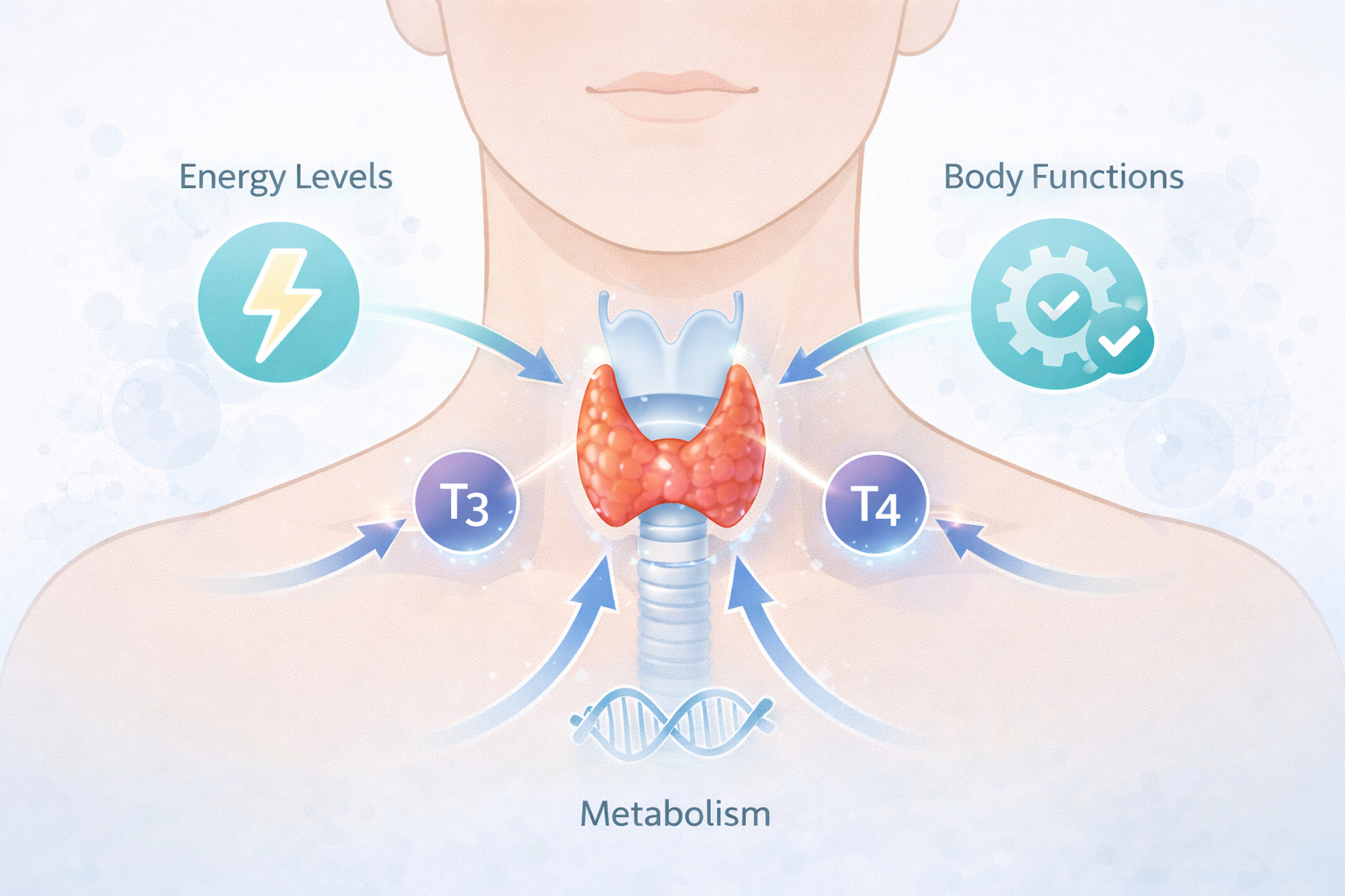 Illustration explaining thyroid function and how NP Thyroid supports hormone balance in the body.